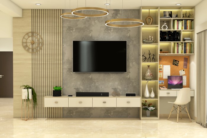 Modern Spacious TV Unit Design With Exposed Concrete Wallpaper | Livspace Study finds people who show their true selves work are happier and more productive