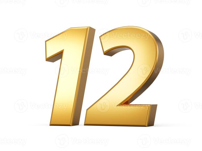 Golden metallic Number 12 Twelve, White background 3d illustration ... Golden metallic Number 12 Twelve, White background 3d illustration ...